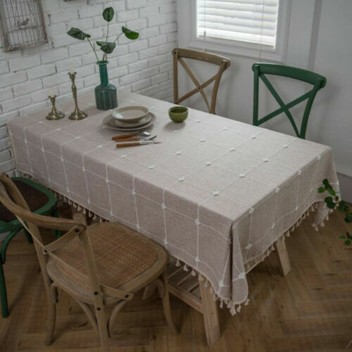 Plaid Cotton Linen Tablecloth Tassel Rectangle Dining Kitchen Table Cloth Cover. 