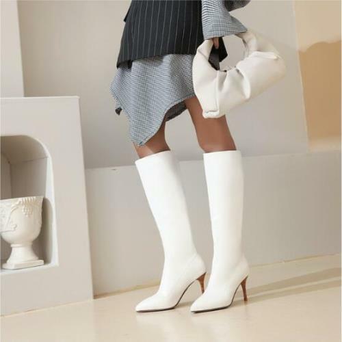 Details about   Womens Fashion PU Leather Pointy Toe High Heel Knee High Riding Boots Shoes 