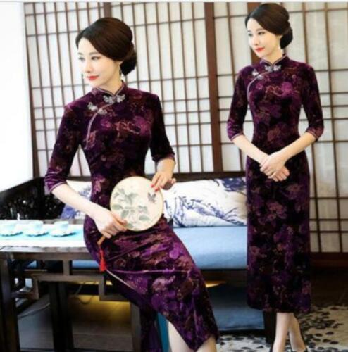 Charme chinois femme robe longue velours soirée Cheongsam Qipao 4 Color Vict