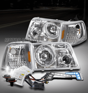 93-97 FORD RANGER CHROME HEAD LIGHT+PROJECTOR FOG LAMP W//BLUE DRL LED+6K HID KIT