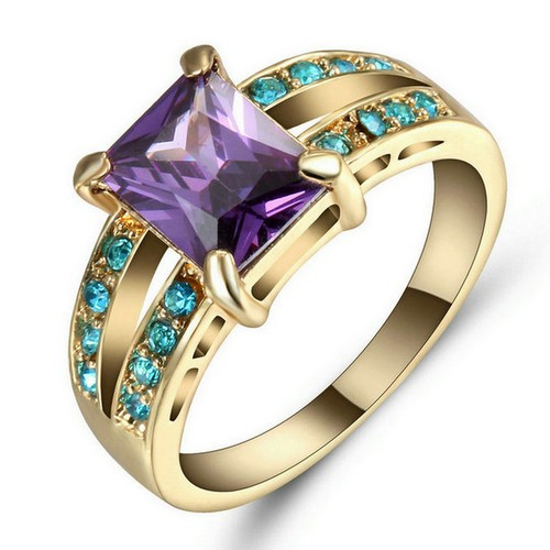 Sparkling Square Purple Amethyst Wedding Ring gold Rhodium Plated Party Size 8