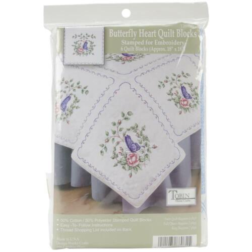 TOBIN Premium QUILT BLOCKS 6pc Stamped Cross Stitch Embroidery BUTTERFLY HEART