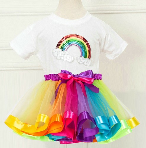 US Toddler Baby Girls Birthday Outfit Party Rainbow Lace Skirt Tutu Dress Sets