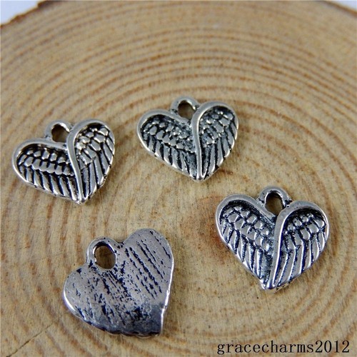 50 pcs Vintage Silver Alloy Heart Shaped Feather Wing Pendant Charm 12x12x1mm