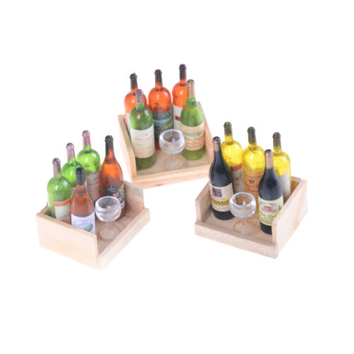 1Set Wine Juice Bottles With Cup Wood Rack 1:12 Dollhouse Miniature DecorationES