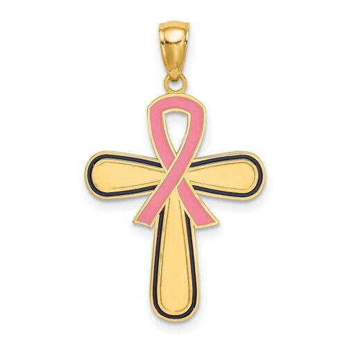 Details about   Enamel Pink Ribbon Breast Cancer Cross In Real 14k Yellow Gold 25 mm x 19 mm 