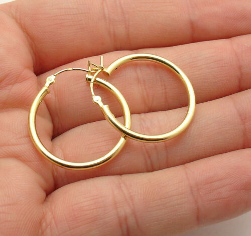 1" 25mm X 2mm  Shiny Plain Hoop Earrings 14K Yellow Gold Clad