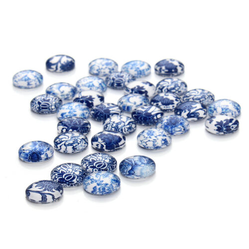 30 Stk Blau&Weißes Porzellan-Muster Mischen Glas Cabochons 12mm Anhänger Basteln 