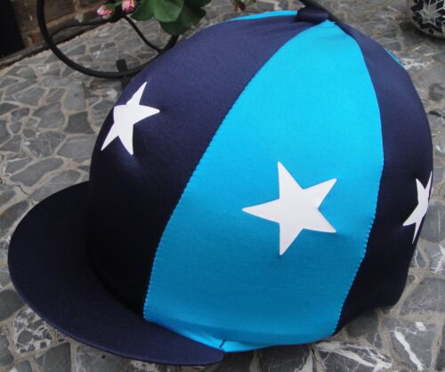 Équitation Chapeau soie tête Cap couverture bleu marine /& turquoise étoiles blanches avec ou sans pompon