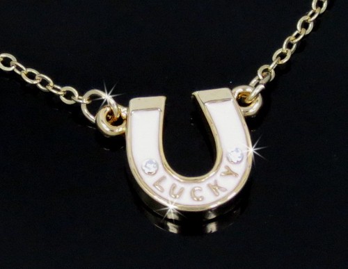 Pink Horseshoe LUCK Crystal Pendant Charm Gold Tone Chain Necklace Bridal Party
