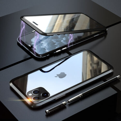 Funda de metal para iPhone 11//11 Pro Max protección doble vidrio imán funda móvil cartera