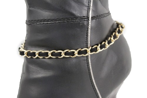 Women Fashion Boot Bracelet Gold Metal Chain Link Anklet Shoe Charm Black String