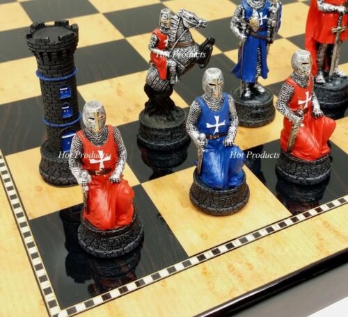 MEDIEVAL TIMES CRUSADE WARRIOR Blue & White CHESS SET Walnut Maple Color Storage