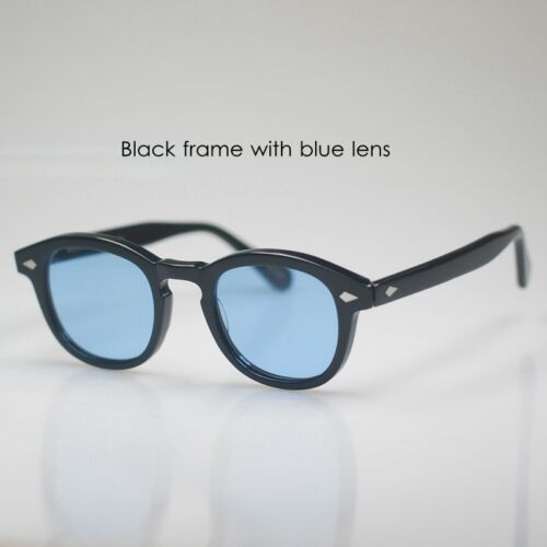 Retro Vintage Johnny Depp sunglasses mens Black glass frame with Blue lens small 