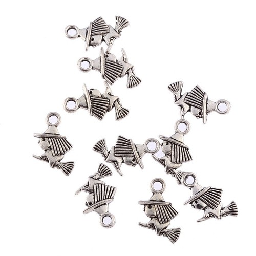 10pcs Flying on Broom Beads Tibetan Silver Charms Pendant DIY Bracelet 10*10mm