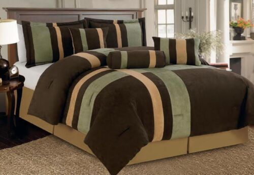 Queen 7 Piece Brown Beige & Sage Patchwork Micro Suede Comforter Set King Full 