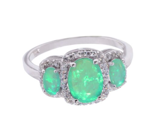 Triple Oval Green Opal Fashion Clear Round CZ Halo Sterling Silver Ring