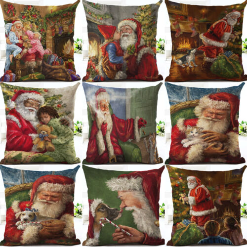 Father Christmas Pattern Cotton Linen Home Décor Throw Pillow Case Cushion Cover 