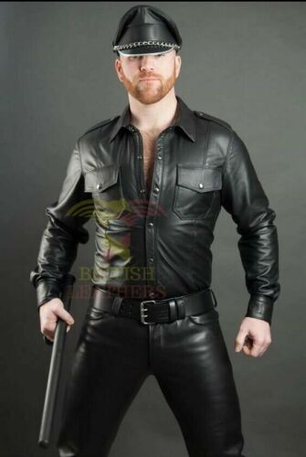 MEN'S REAL BLACK LEATHER POLICE MILITARY STYLE SHIRT BLUF FULL SLEEVES SCHWARZ 