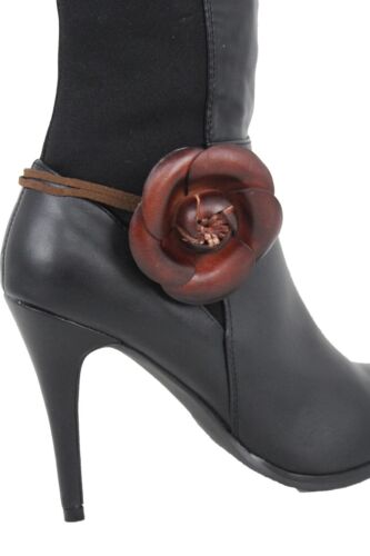 Women Boot Bracelet Brown Leather Shoe Bling Flower Rose Charm Tie Wrap Fabric 