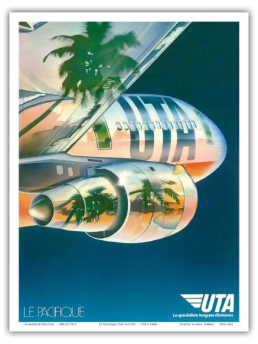 Pacific Palm Trees Airplane UTA Vintage Airline Travel Art Poster Print