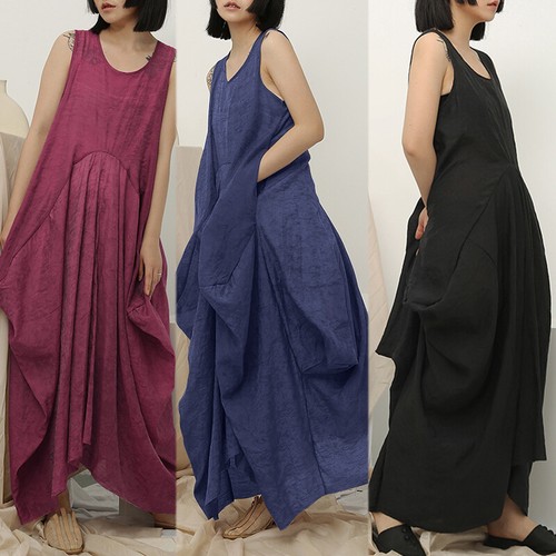 Damen Mode Sommer Retro Ärmellos Lose Beiläufig Bequem Weiche U-Hals Kleid Plus