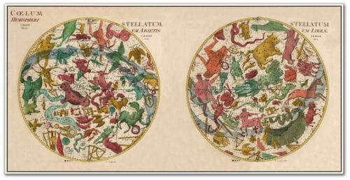 LARGE World Astrological Star Chart Zodiac Hemisphere MAP circa 1801 24/" x 48/"