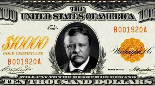 Roosevelt $10,000 Gold Cert Dollar Bill Fake Funny Money Novelty Note FREE SLEEV