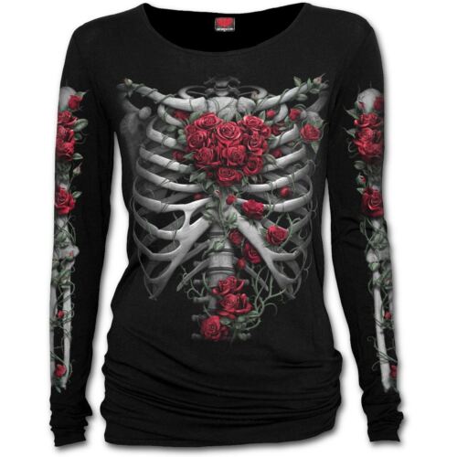 Espiral Directo Rojo Rosa Huesos Esqueleto Costillas Corazón Negro De Manga Larga Camiseta 