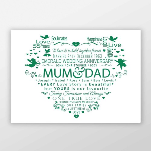 Personalised 55th EMERALD Wedding Anniversary Print Parents Diamante Crystal