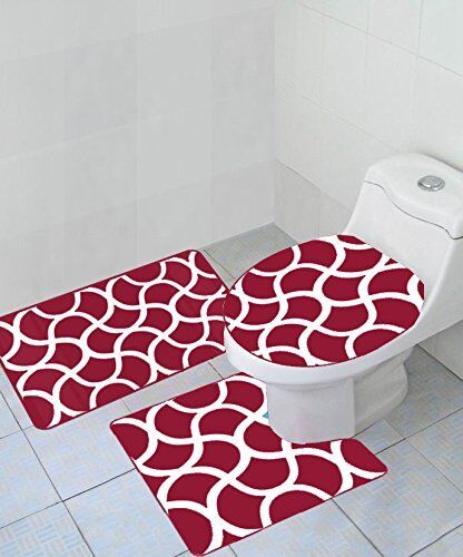 New 3 Piece Geometric Wave High Pile Bathroom Set Contour Rug Lid Cover Burgundy