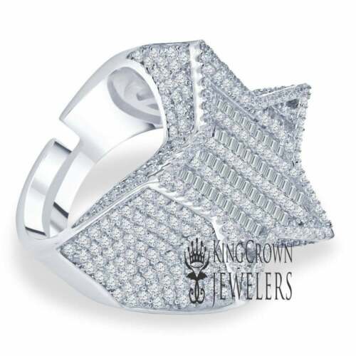 Mens Baguette Simulated Diamond White Gold On Real Silver Star Shape Ring Band 