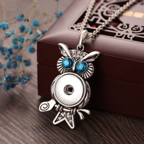 Rhinestone Animal Owl Metal Snap Button Necklace Fit 18mm Snap Buttons Pendant