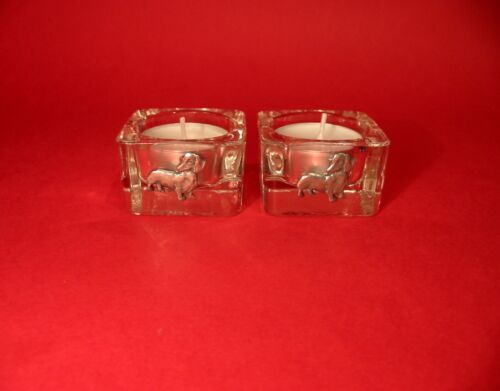 Dachshund Motif on A Pair Of Square Glass Tea Light Candle Holders Xmas Gift 