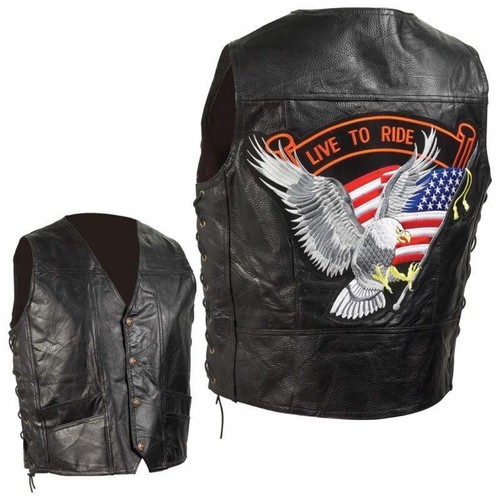 Mens Black Leather LIVE TO RIDE VEST Motorcycle Biker Eagle US American Flag USA