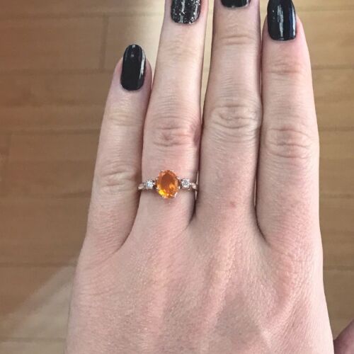 1.1 ctw Natural Fire Opal & Diamond Solid 14k Rose Gold 3 Stone Engagement Ring 