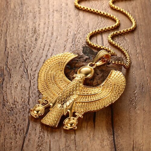 Horus Bird Falcon Gold Plate Pendant Men Necklace Egyptian Biker Gift Jewelry 