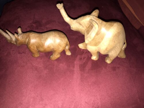Details about  / Vintage African Hand Carved Wooden Elephant And Rhinoceros Pair