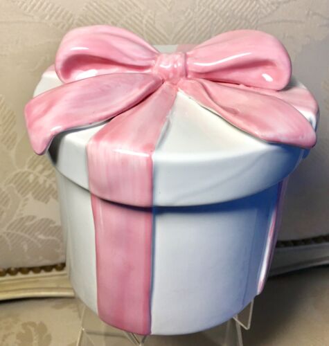 Round Ceramic Container With Lid Pink Ribbon Bow Gift