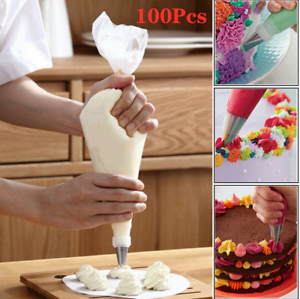100Pcs Disposable Piping Bag Cake Cream Decorating Icing Fondant Pastry Tip Tool 