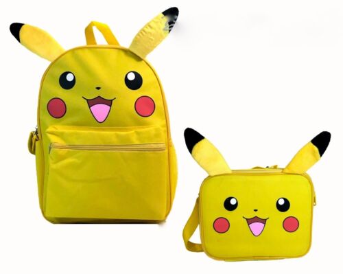 Pokemon Pikachu Plush Ear 16" Large School Backpack Lunch Bag 2pc Set 