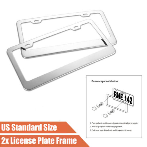 2Pcs Chrome Car Front Rear License Plate Frame Matching Screw Caps US Standard 