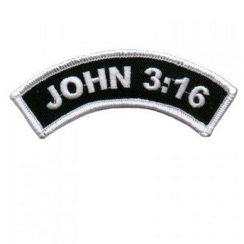 JOHN 3:16 ROCKER BLACK AND WHITE EMBROIDERED IRON ON BIKER PATCH