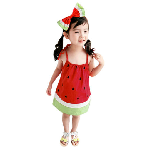 Toddler Baby Kids Girls Sleeveless Dress Watermelon Casual Ribbons Beach Dress