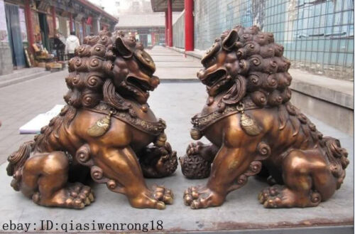 China Feng Shui Bronze Copper Evil Guardian Door Fu Foo Dog Lion Pair