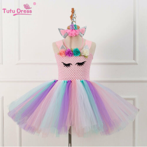Kids Flower Girls Party Unicorn Rainbow Tutu Fancy Dress Costume+Headband Outfit