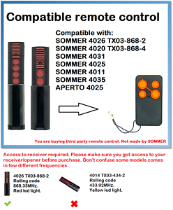 Compatible Télécommande Avec Sommer 4026 TX03-868-2,4020 TX03-868-4 868.8MHz 
