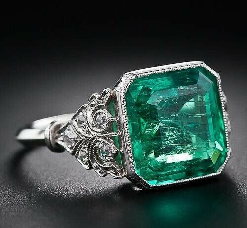 3.50CT Asscher Cut Green Emerald Solitaire Engagement Ring 14K White Gold Finish