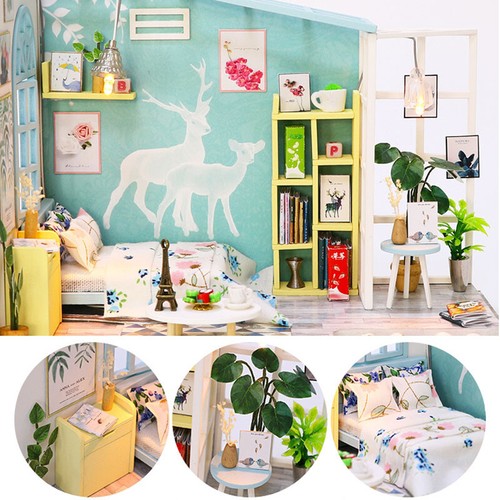 DIY Miniature Landscape Model Bedroom Furniture Dollhouse Wooden LED Kits Gift