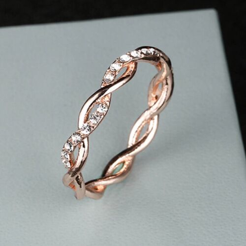Size 5-10 Womens Rose Gold Inlaid Crystal Twist Rings Wedding Party Jewelry Gift